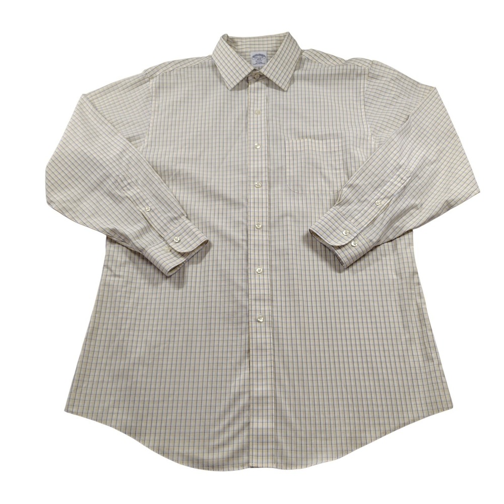 Brooks Brothers 1818 Regent Dress Shirt Mens 16.5 2/3 Yellow Blue Check Non-Iron